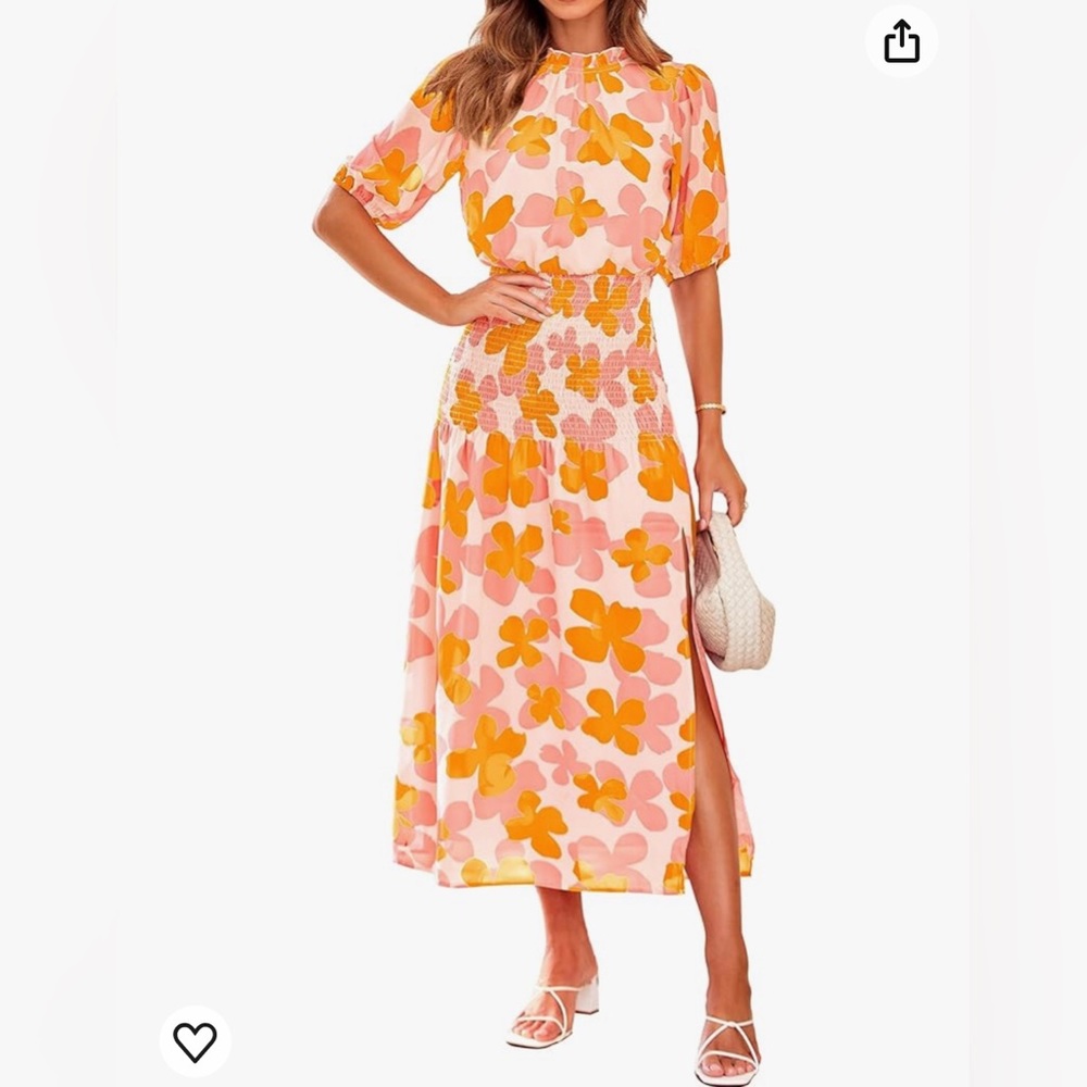Women’s Summer Casual Ruffle Mock Neck Dress Short Sleeve Smocked Slit Boho